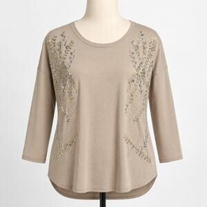 Cupio Beige Sequin Embellished Tunic Top Women’s Large XL Oversized 3/4 Sleeve